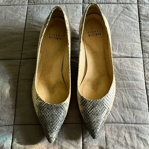 Stuart Weitzman Poco Grey & Cream Snakeskin Kitten Heels